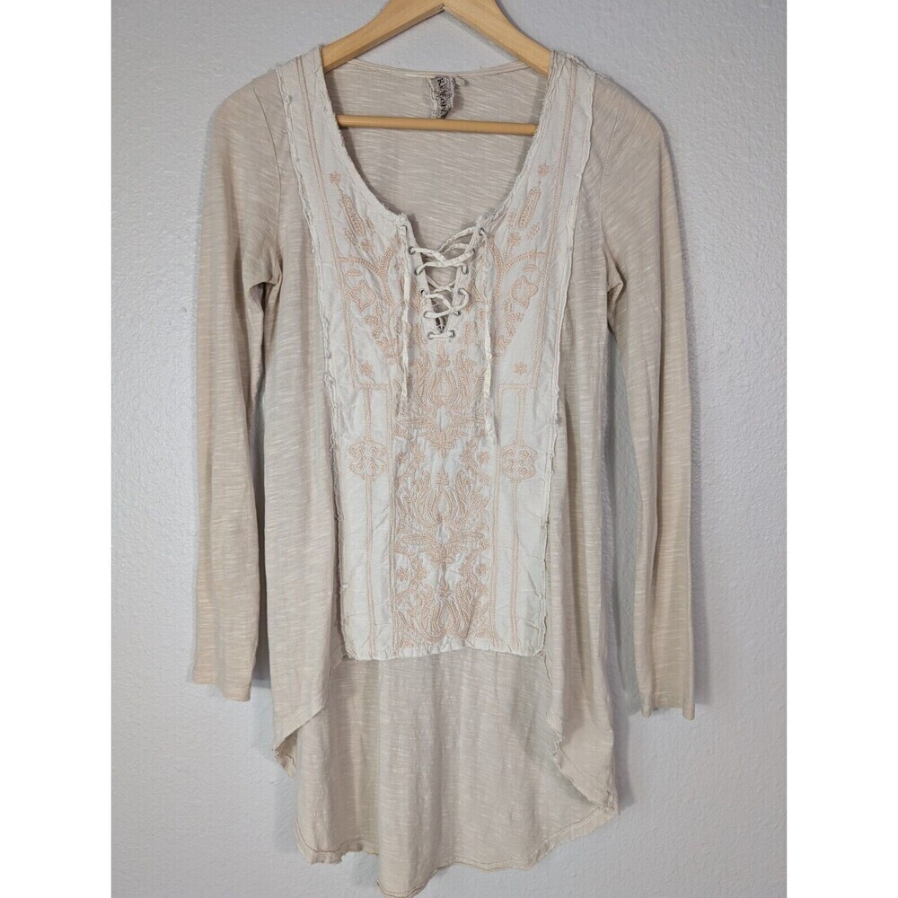 Free People Vintage Embroidered Tan Tie Front Top XS